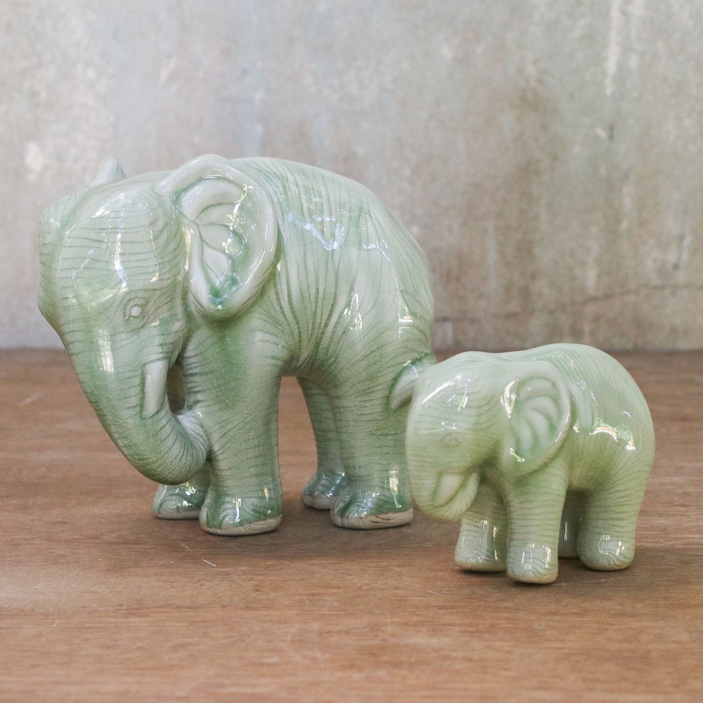 NOVICA - Mom & Baby Elephant Celadon Ceramic Statuettes