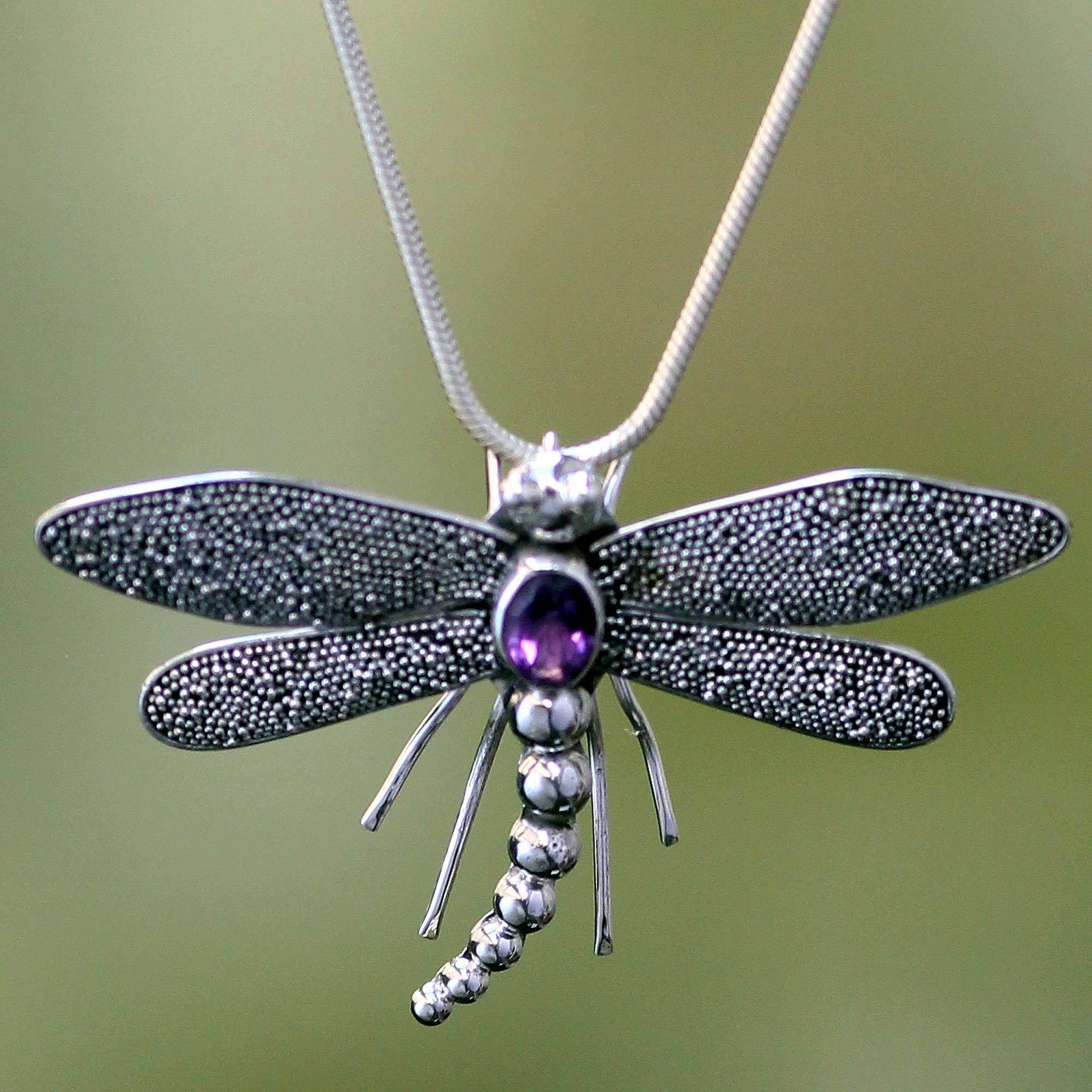 NOVICA - Dragonfly Amethyst & Sterling Silver Pendant Necklace