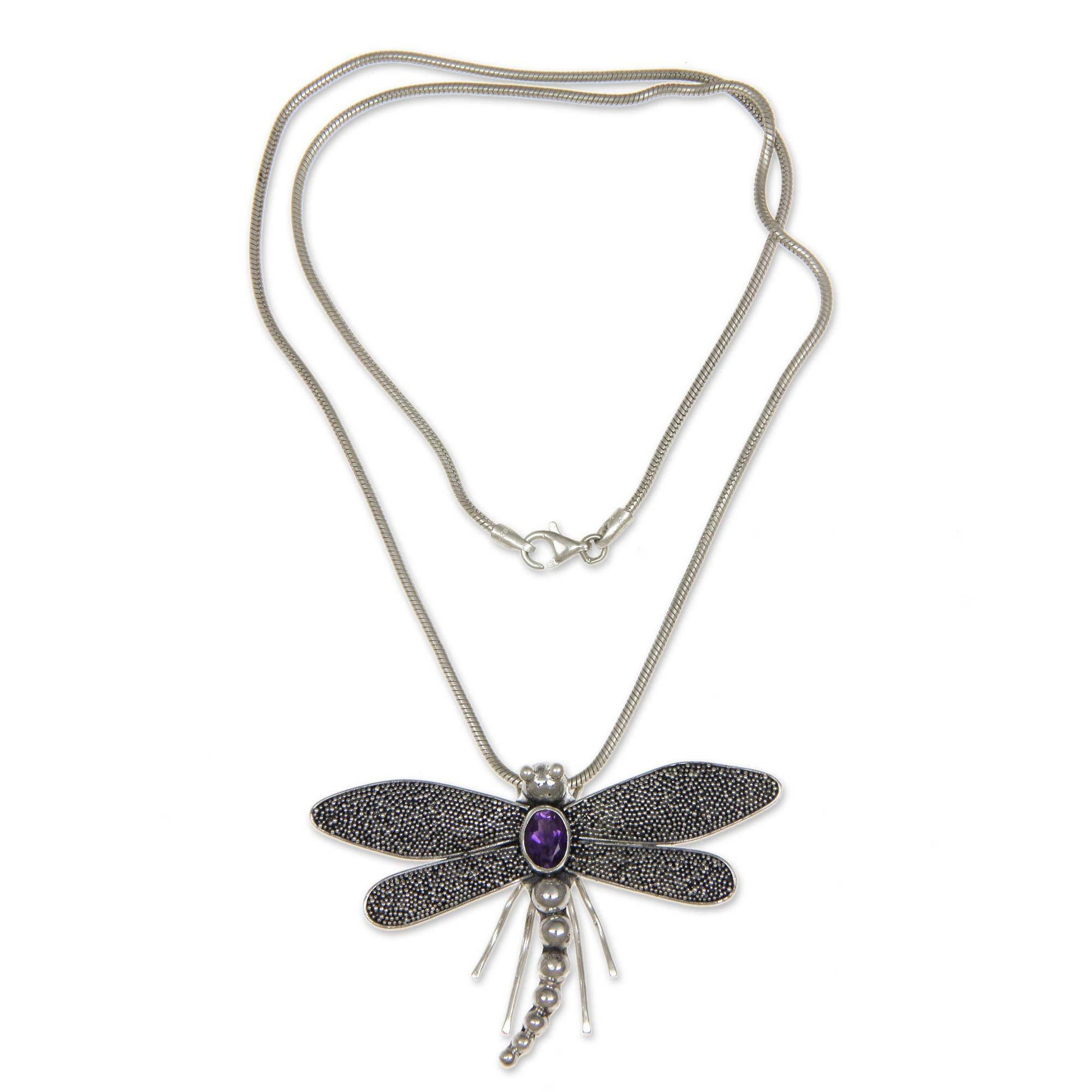 NOVICA - Dragonfly Amethyst & Sterling Silver Pendant Necklace