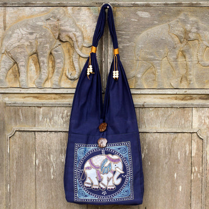 Lucky Elephant Embroidered Blue Shoulder Bag