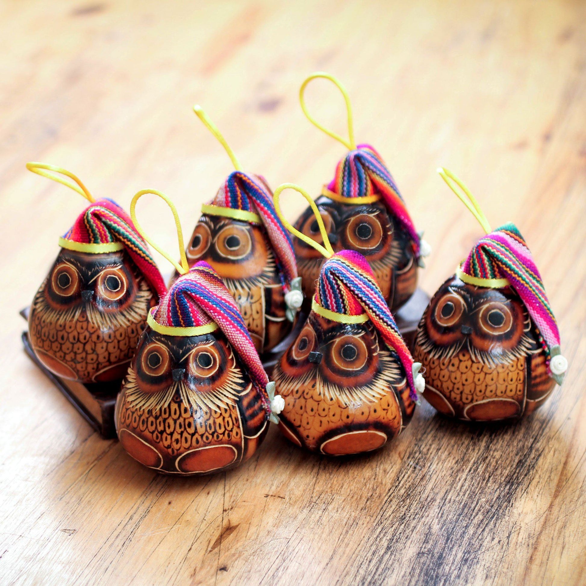 NOVICA - Christmas Owls Gourd Ornaments - Set Of 6