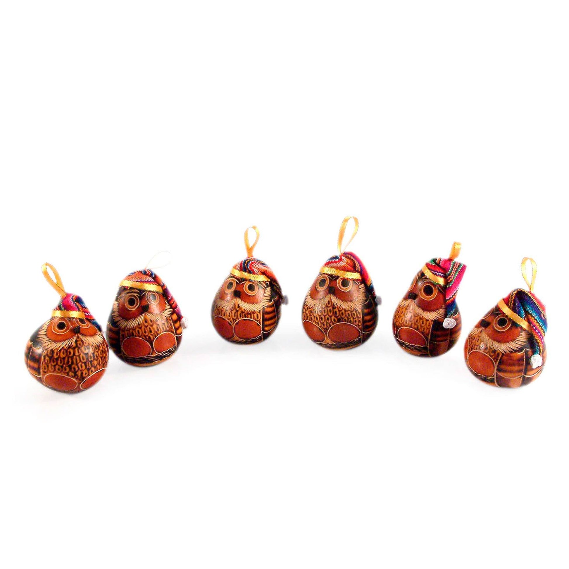 NOVICA - Christmas Owls Gourd Ornaments - Set Of 6