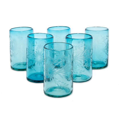 Aquamarine Flowers Recycled Glass Tumbler Etched Glasses