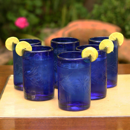 Blue Blossoms Hand-Blown Etched Drinking Glass - Set of 6