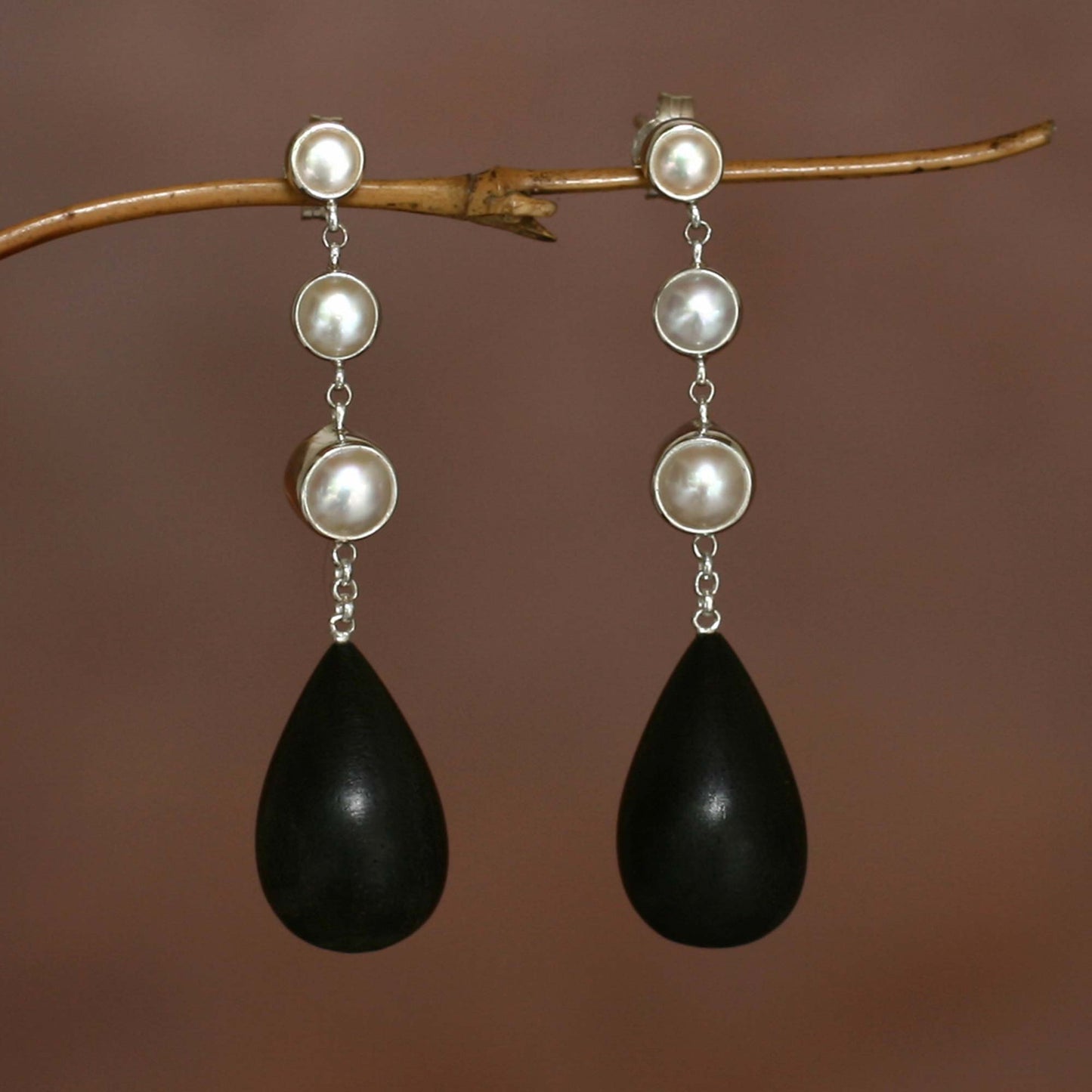 Night Tear Pearl Silver & Wood Dangle Earrings