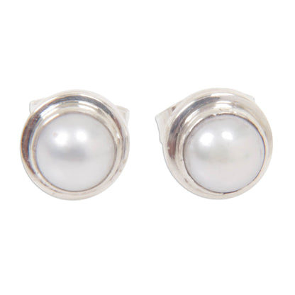 White Moon Pearl Silver Bridal Stud Earrings