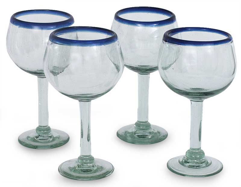 Sapphire Globe Handblown Recycled Glass Blue and Clear Wine Glasses For 4