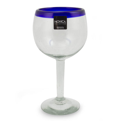 Sapphire Globe Handblown Recycled Glass Blue and Clear Wine Glasses For 4