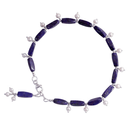 Midnight Blue Sterling Silver Lapis Lazuli and Pearl Anklet from India
