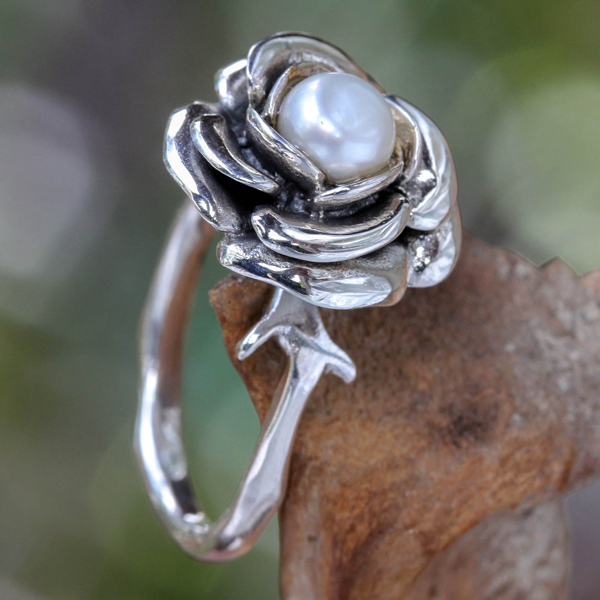 NOVICA - Handcrafted Pearl & Sterling Silver Rose Ring