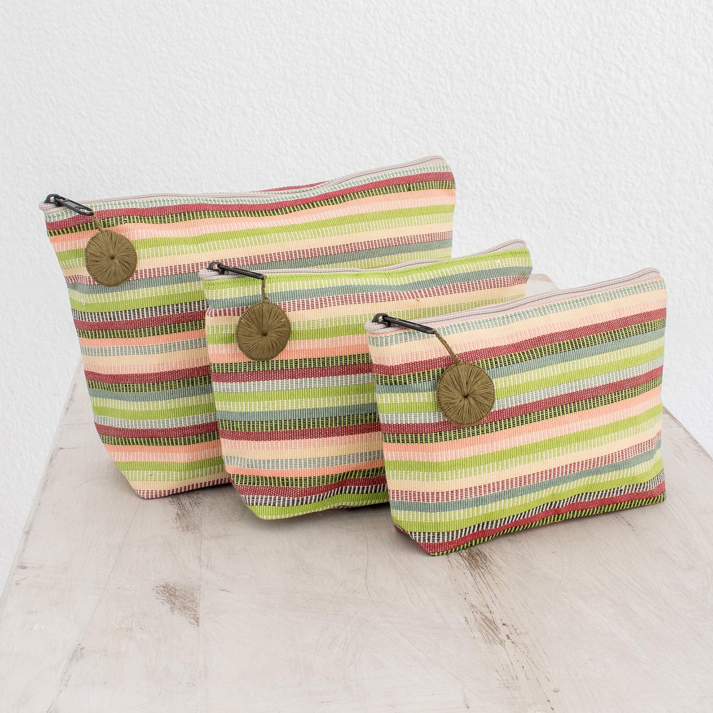 Strawberry Lime Striped Cotton Cosmetic Bags (Set of 3)