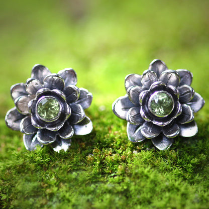 Green-Eyed Lotus Peridot Button Earrings