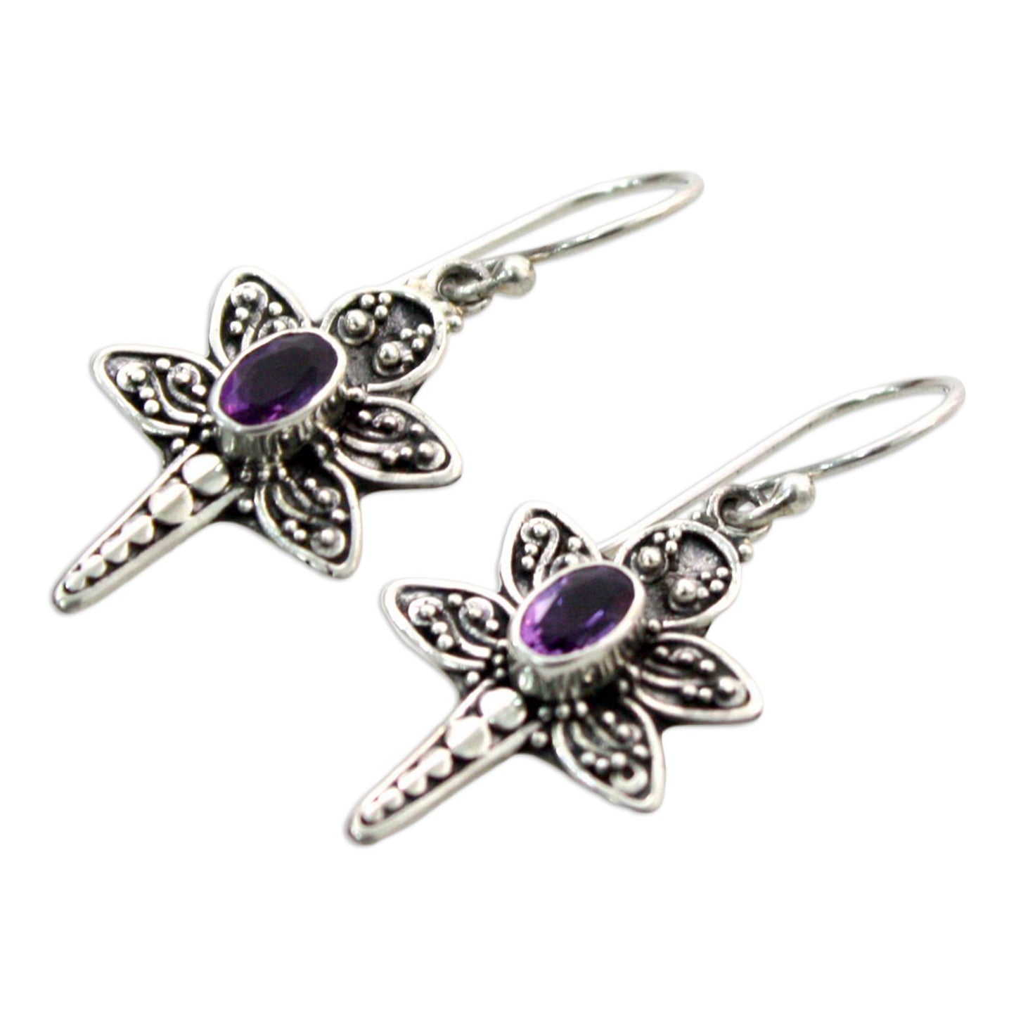 Baby Dragonfly Amethyst & Silver Dangle Earrings