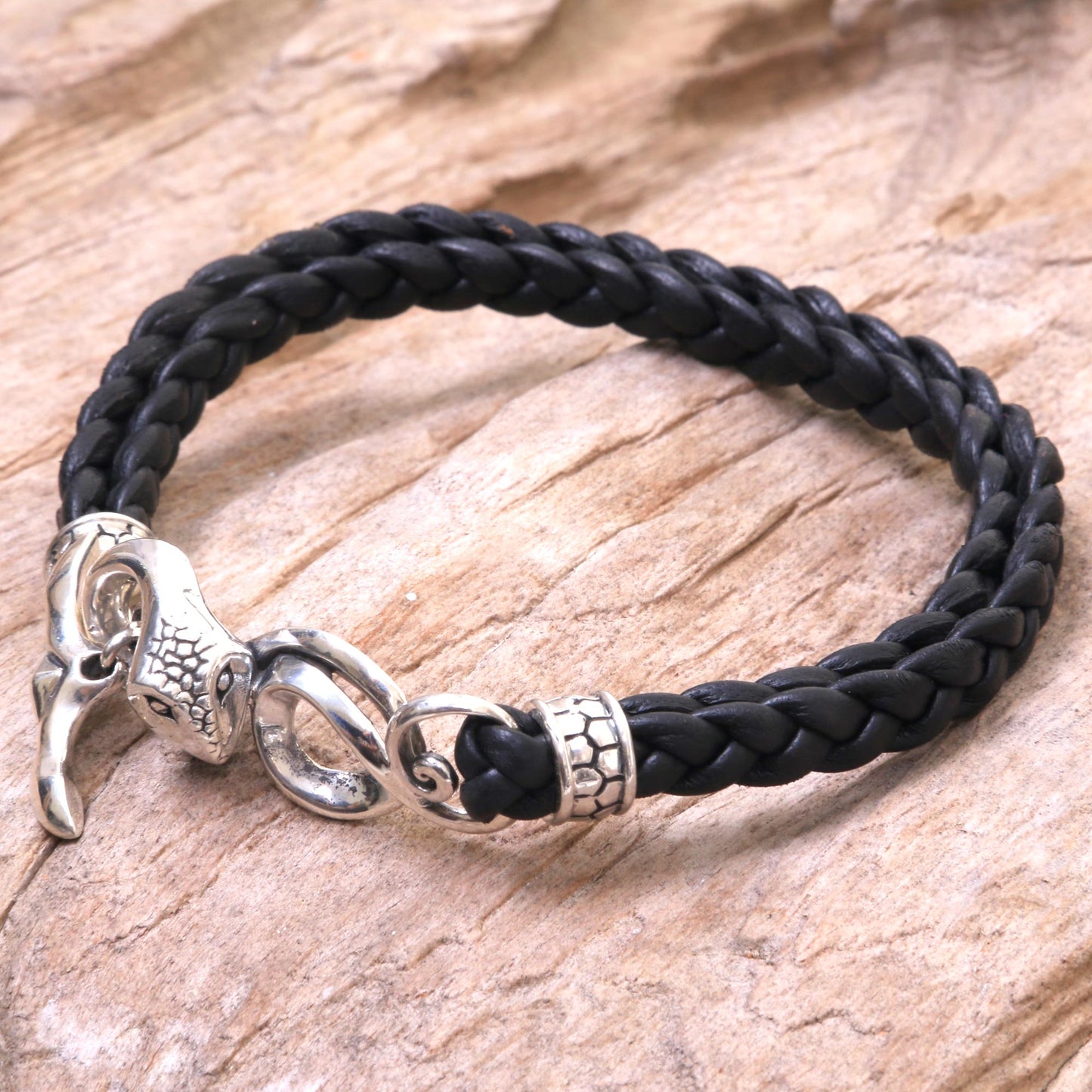 Cobra Men's Black Leather Bracelet with Silver Snake Clasp