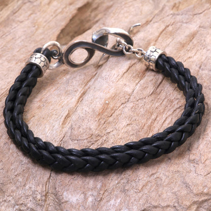 Cobra Men's Black Leather Bracelet with Silver Snake Clasp