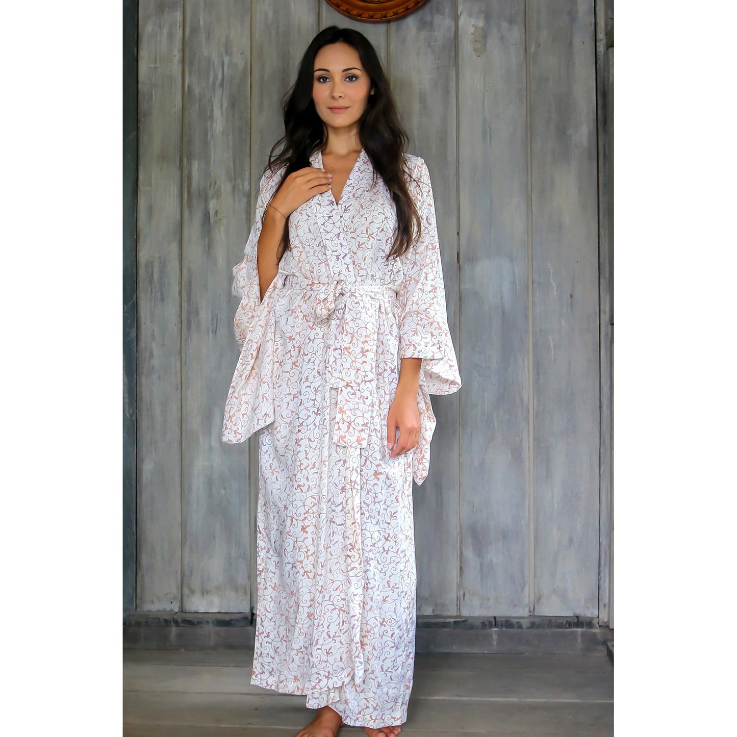 Bali Arabesques White Floral Batik Robe