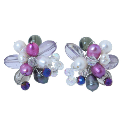 Fuchsia Blossom Cultured Pearl Button Earrings