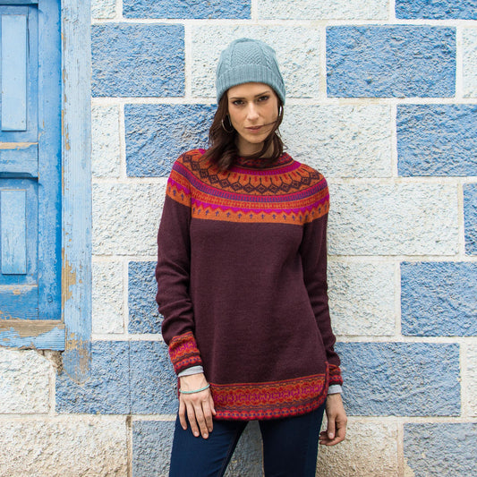 Playful Plum Women's Art Knit Alpaca Pullover Sweater from Peru