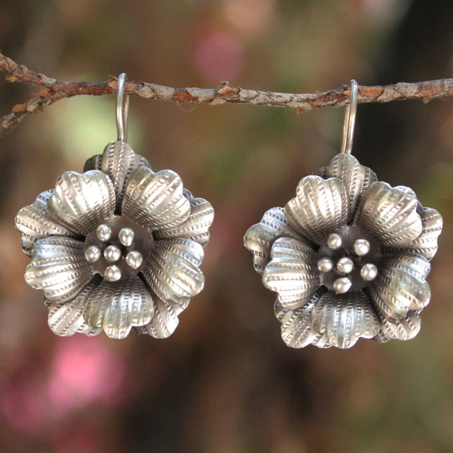 Delicate Chiang Mai Rose Silver Flower Drop Earrings