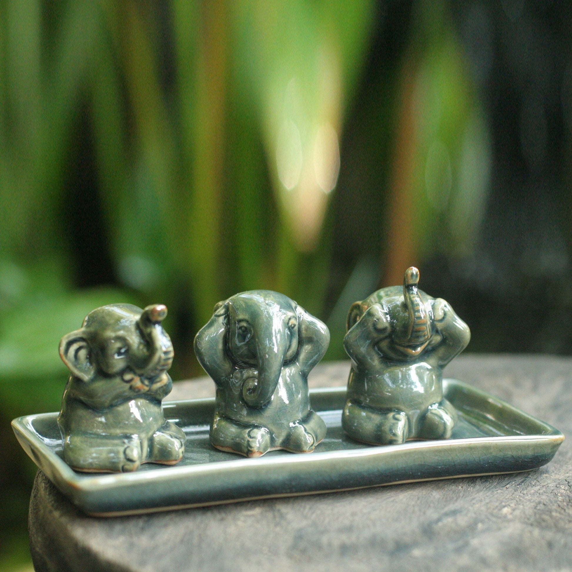 NOVICA - Green Celadon Elephant Figurine Sculpture