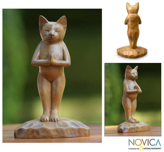 Cat Gives Thanks Suar Wood Sculpture