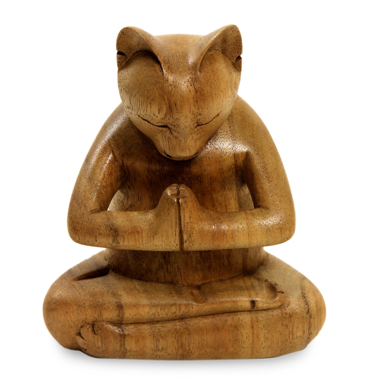 Kitty Cat Prayer Suar Wood Yoga Sculpture