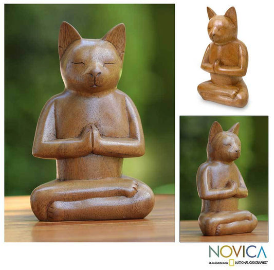 NOVICA - Cat In Meditation Suar Wood Sculpture