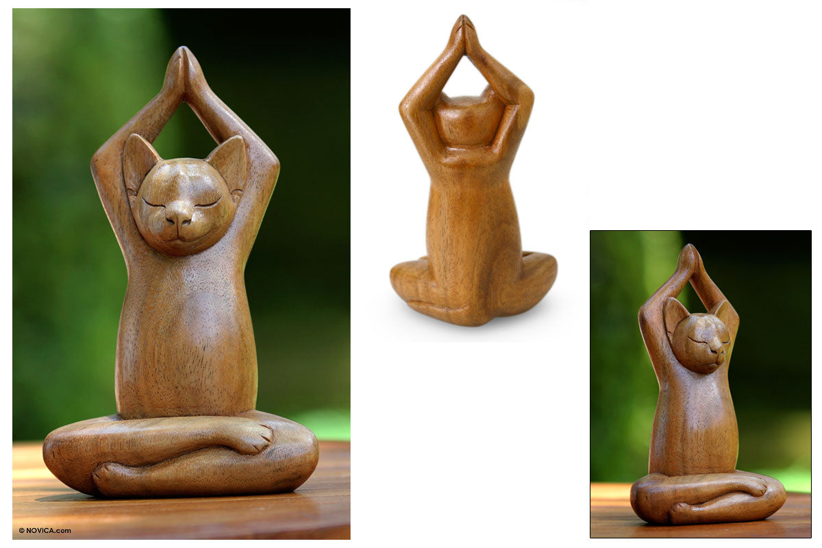 Lotus Pose Yoga Cat Wood Sculpture