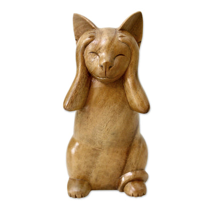 Hear No Evil Cat Wood Animal Sculpture