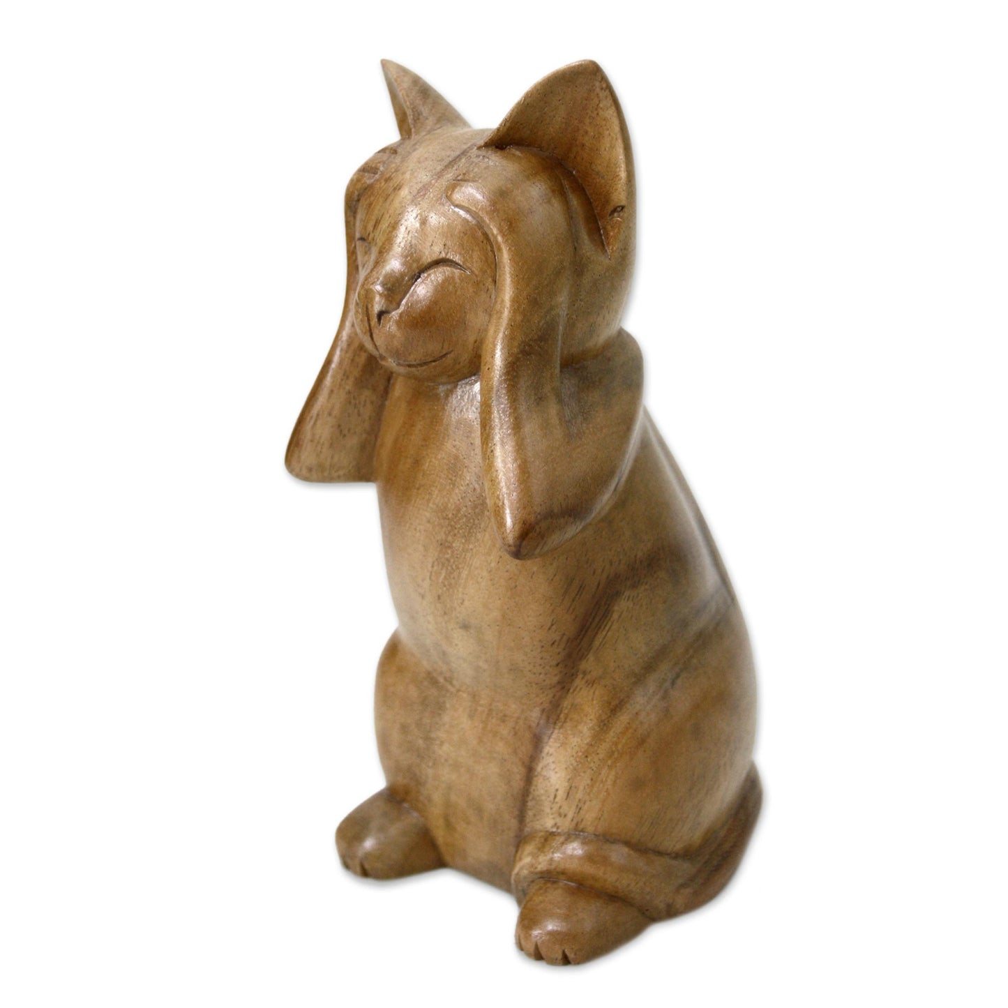 Hear No Evil Cat Wood Animal Sculpture