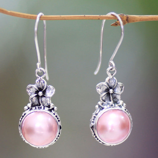 Pink Frangipani Pearl Silver Dangle Earrings