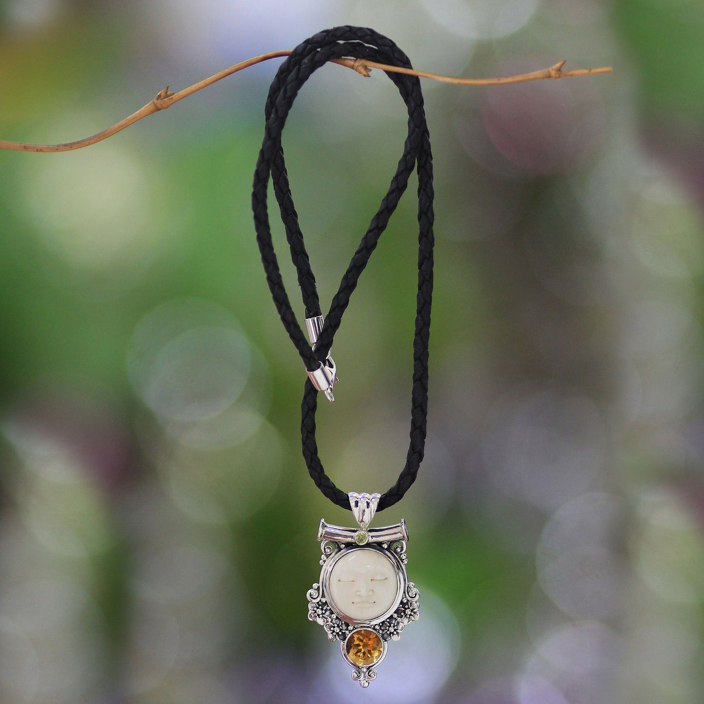 Sleepy Moon Bone & Gemstone Pendant Necklace