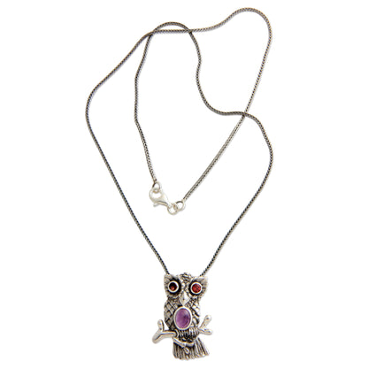 Wise Owl Garnet & Sterling Silver Necklace