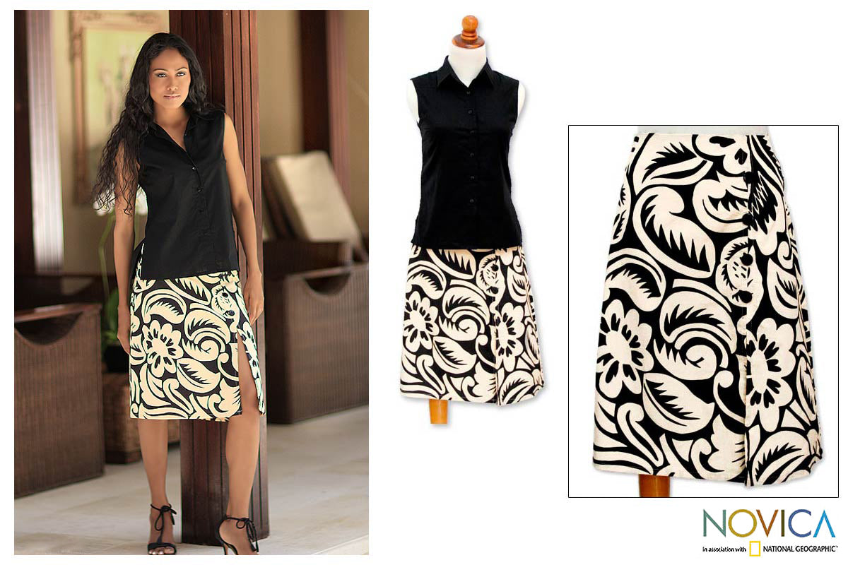 Balinese Shadow Black Cotton Batik Wrap Skirt