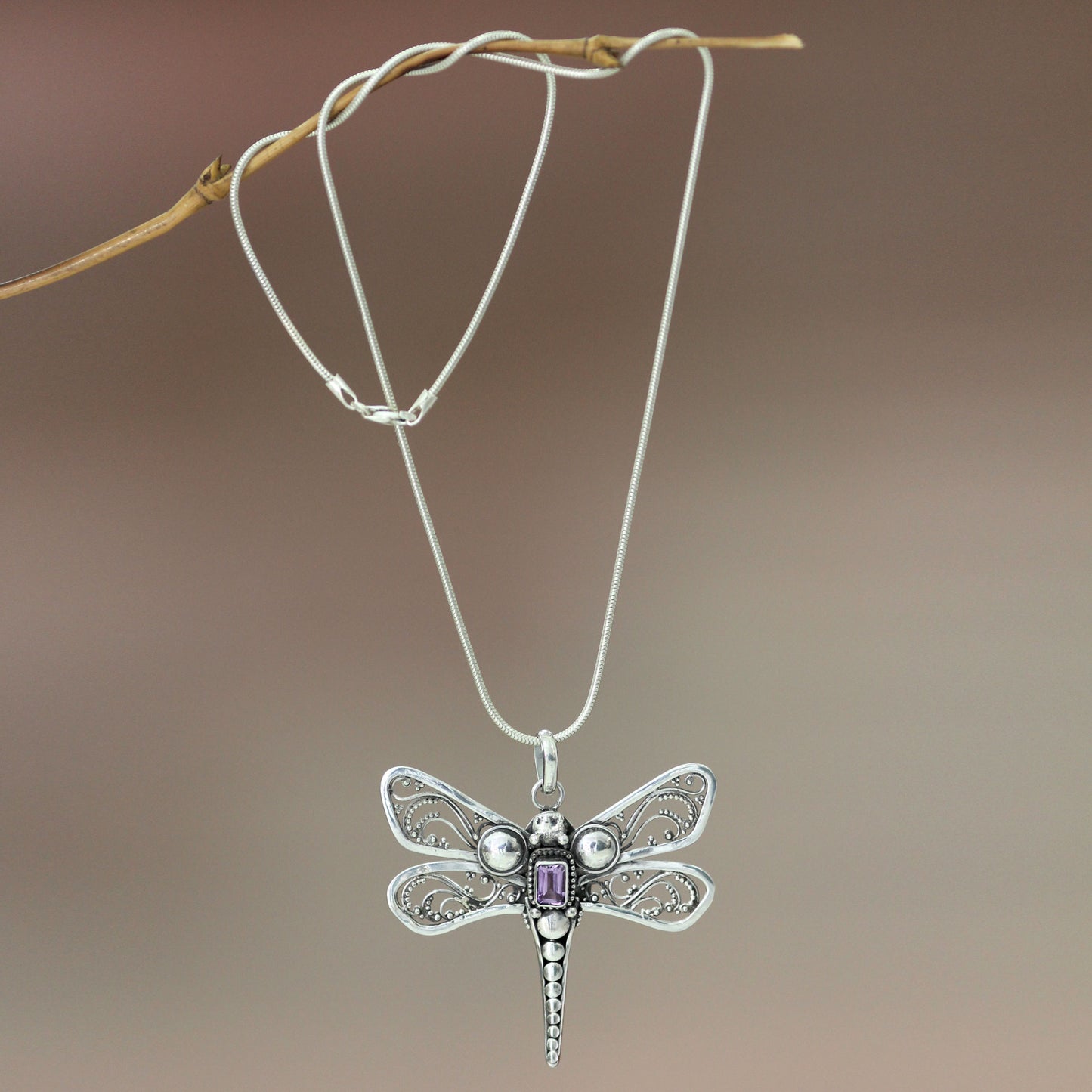 Lavender Dragonfly Amethyst Sterling Silver Necklace