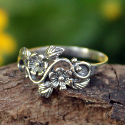 NOVICA - Sterling Silver Flower And Leaf Band Ring