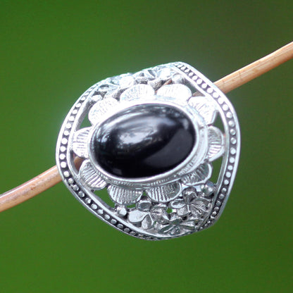 Frangipani Mystery Onyx Floral Cocktail Ring