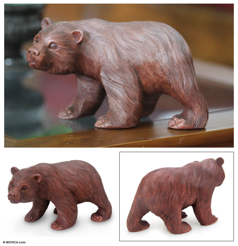 Curious Brown Bear Wood Sculpture