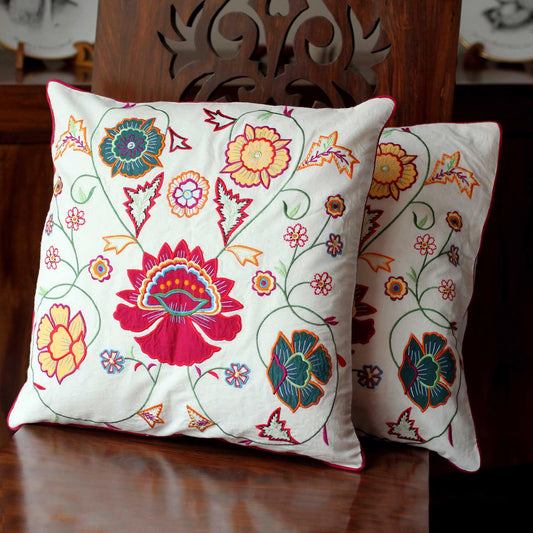 Eternal Spring Embroidered Cotton Cushion Covers from India (Pair)