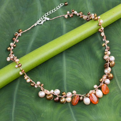 Cinnamon Rose Carnelian & Pearls Beaded Necklace