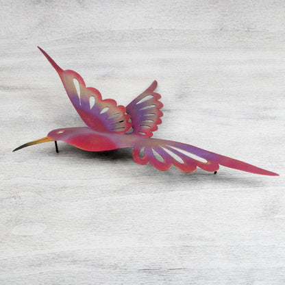 Violet Hummingbird Bird-Themed Steel Wall Sculpture in Pink from Mexico (Large)