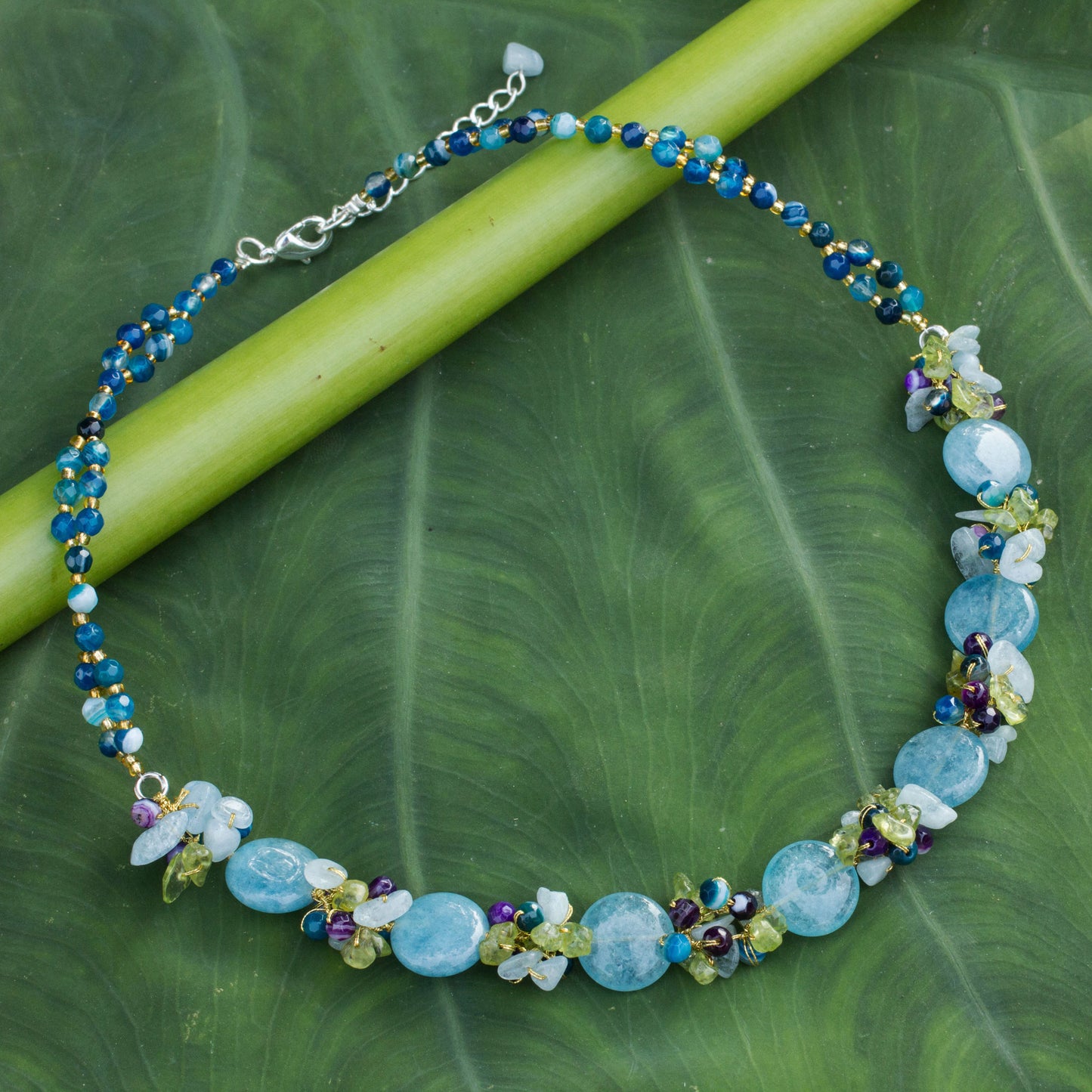 Light Blue Peonies Multi-Gem Beaded Necklace