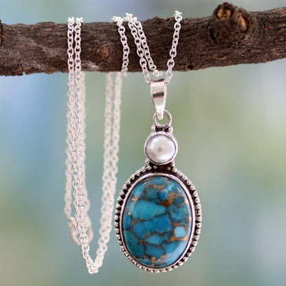 Reconstituted Turquoise & Pearl Pendant Necklace