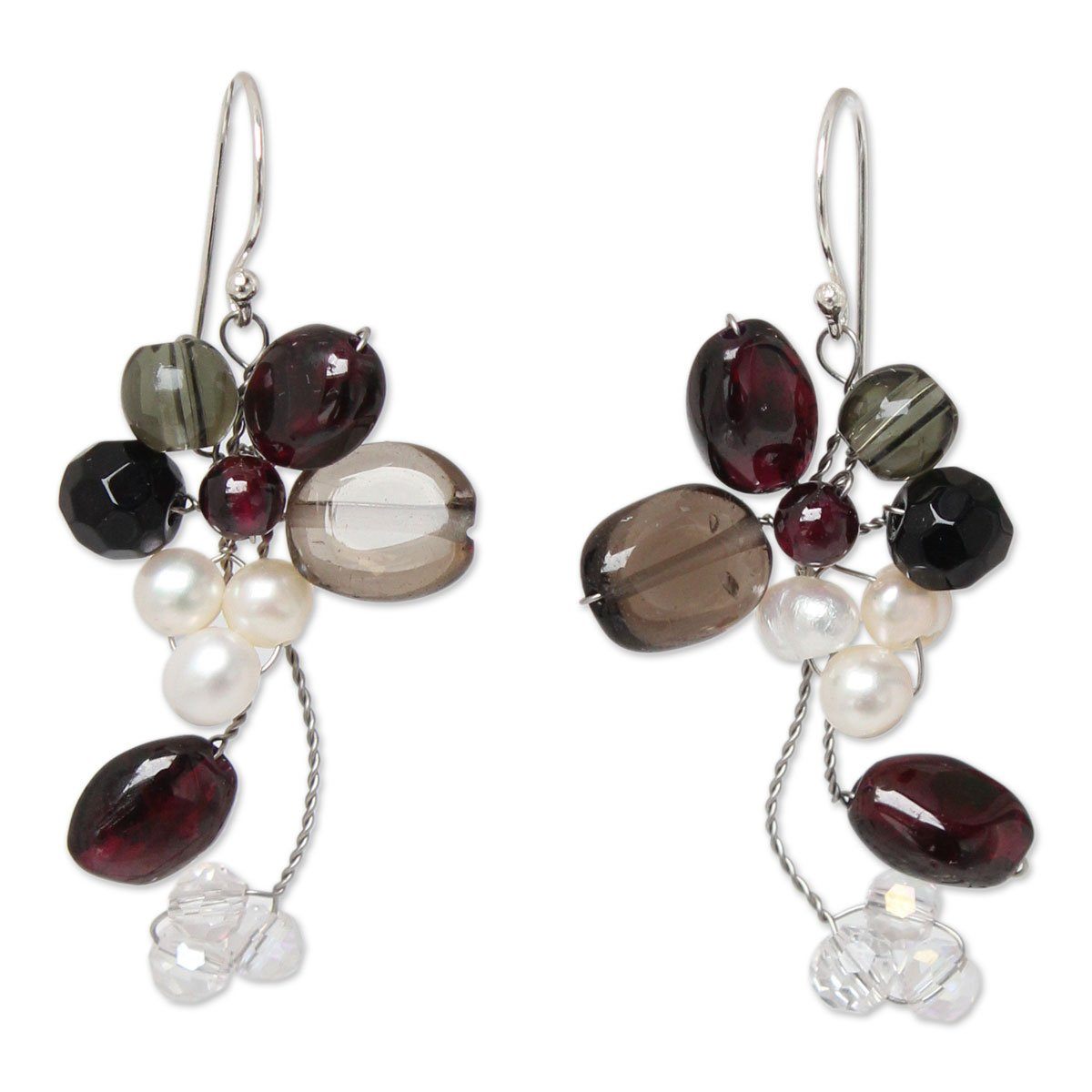 NOVICA - Pearl & Multi-gem Silver Cluster Earrings