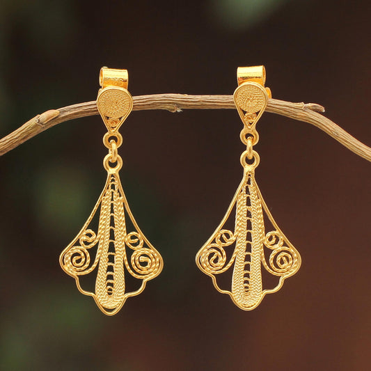 Peruvian Lace 21K Gold Plated Filigree Dangle Earrings from Peru