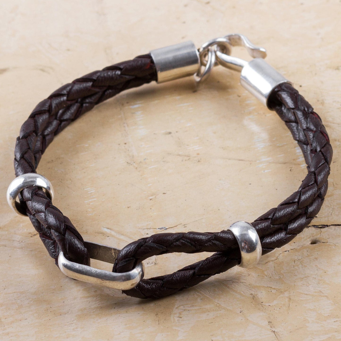Men's Brown Leather & Sterling Silver Braided Bracelet