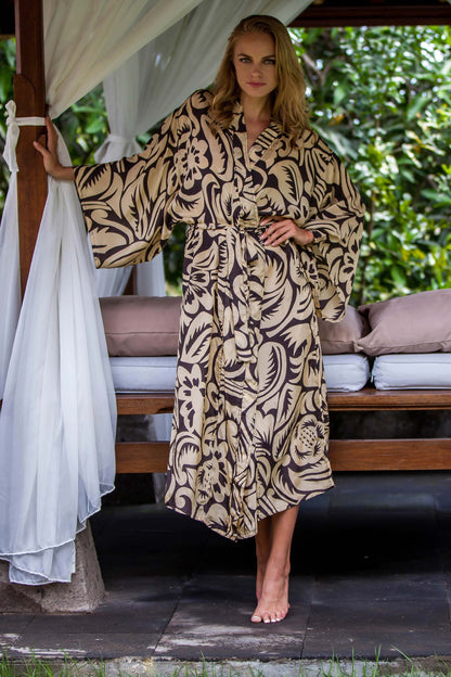 Black Hibiscus Haven Balinese Ivory Silk Robe with Black Hibiscus