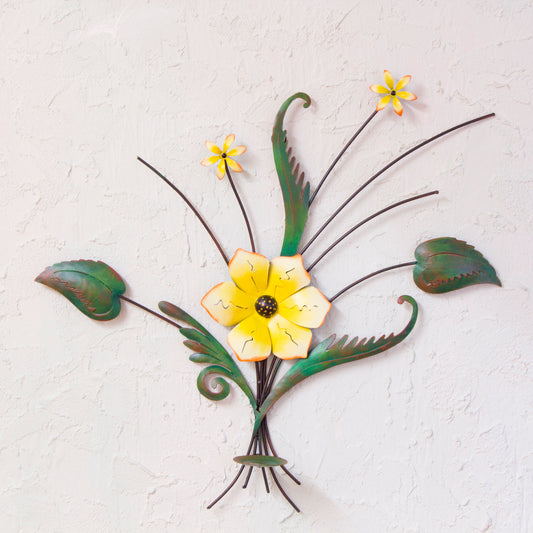 Lovely Lily Handcrafted and Painted Yellow Flower Iron Wall Sculpture