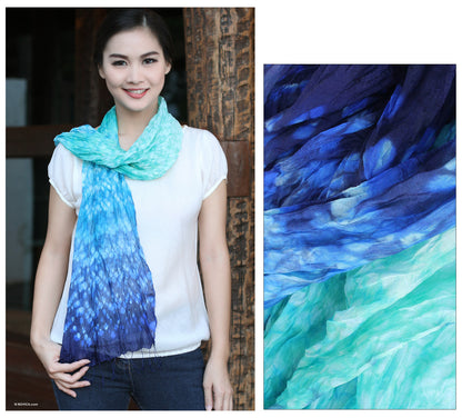 Fabulous Sea Green And Blue Tie-Dyed Silk Scarf