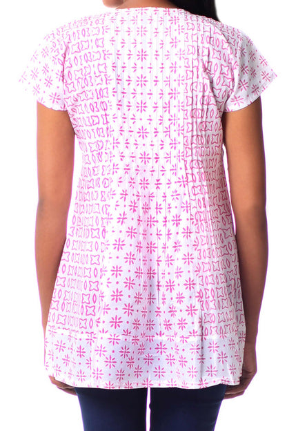 Rose Harmony Indian Floral Cotton Pink and White Tunic Top